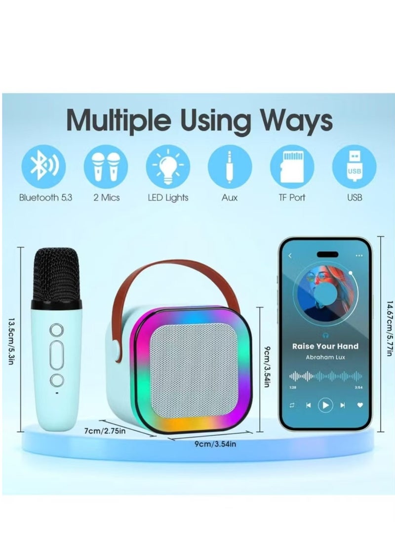 Karaoke Machine for Kids Mini Portable Bluetooth Speaker BLUE 88*68*90mm 2 Wireless Microphones LED Colorful Lights Gifts Toys Girls Boys Family Home Party - Image 4