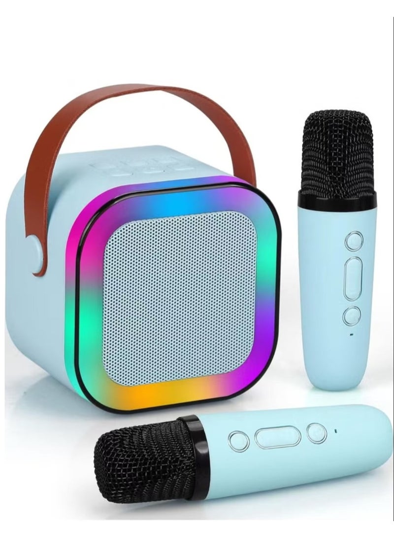 Karaoke Machine for Kids Mini Portable Bluetooth Speaker BLUE 88*68*90mm 2 Wireless Microphones LED Colorful Lights Gifts Toys Girls Boys Family Home Party - Image 1
