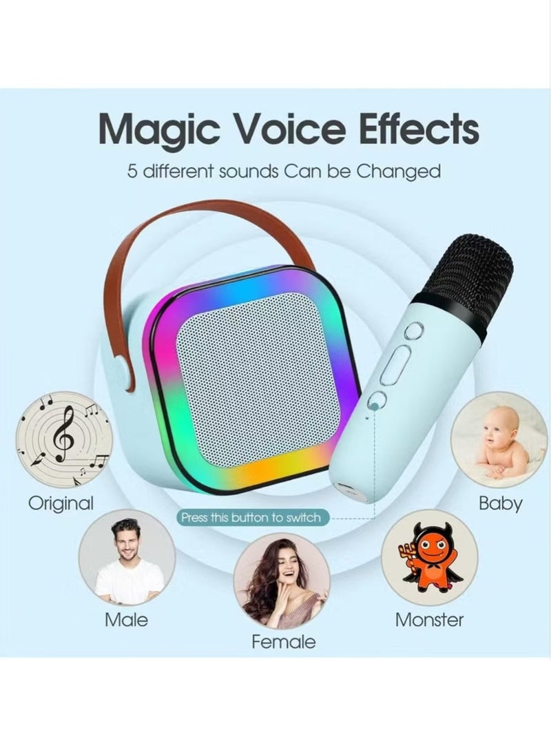 Karaoke Machine for Kids Mini Portable Bluetooth Speaker BLUE 88*68*90mm 2 Wireless Microphones LED Colorful Lights Gifts Toys Girls Boys Family Home Party - Image 2