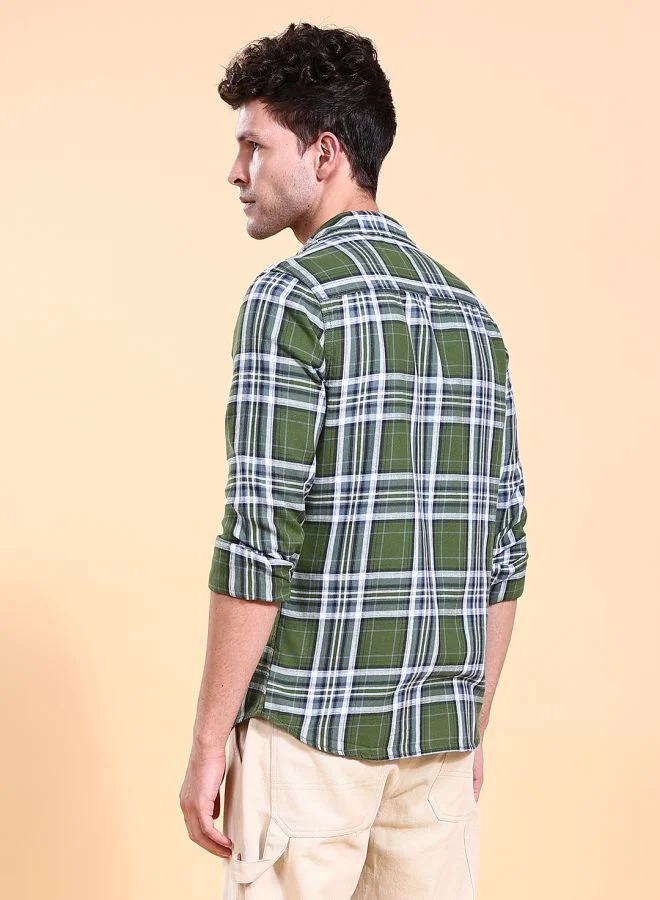 The Indian Garage Co Men Regular Fit Checkered Full Sleeves Cutaway Collar Double Flap Pocket Street Wear Over Shirt