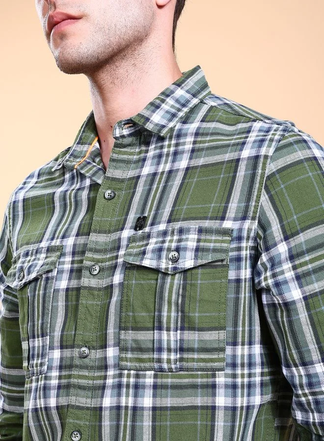The Indian Garage Co Men Regular Fit Checkered Full Sleeves Cutaway Collar Double Flap Pocket Street Wear Over Shirt
