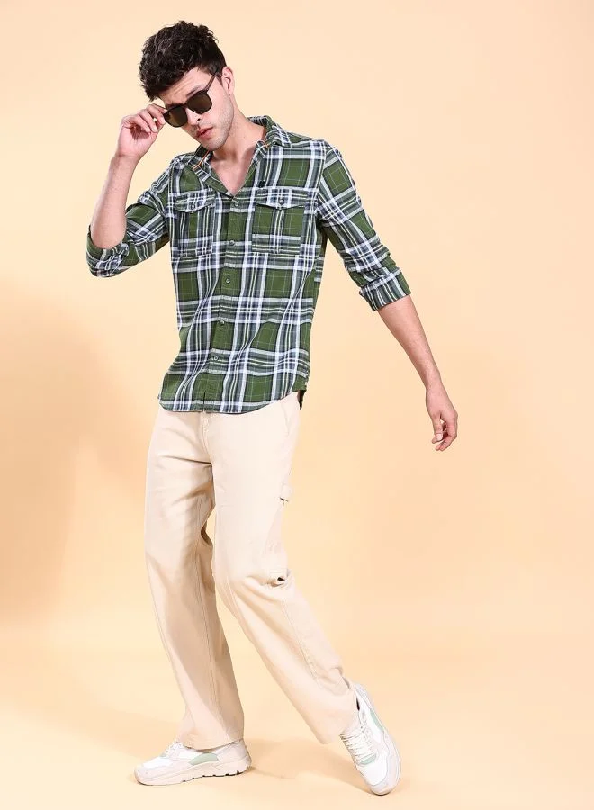 The Indian Garage Co Men Regular Fit Checkered Full Sleeves Cutaway Collar Double Flap Pocket Street Wear Over Shirt