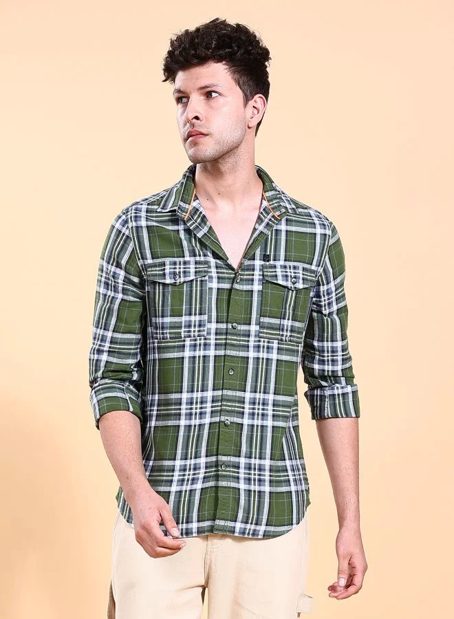 The Indian Garage Co Men Regular Fit Checkered Full Sleeves Cutaway Collar Double Flap Pocket Street Wear Over Shirt