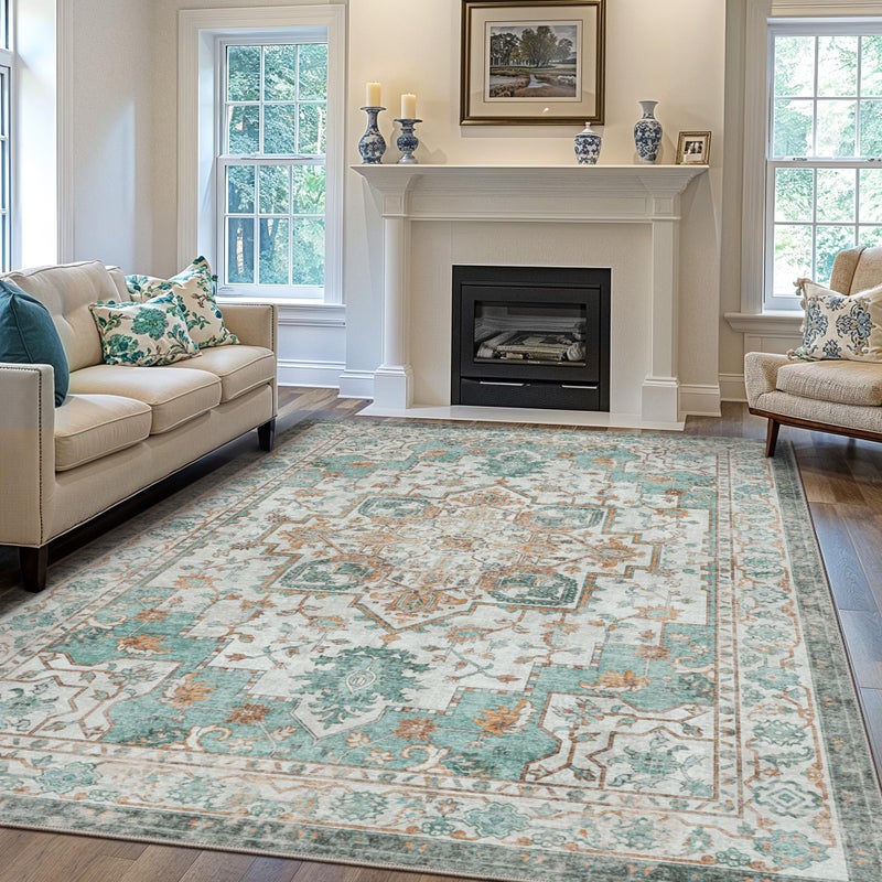 GENIMO 8x10 Area Rugs for Living Room, Machine Washable Non Slip Vintage Rugs, Low Pile Lightweight Chenille Print Rug for Bedroom, Dining Room, Home Office, Cyan - Image 2