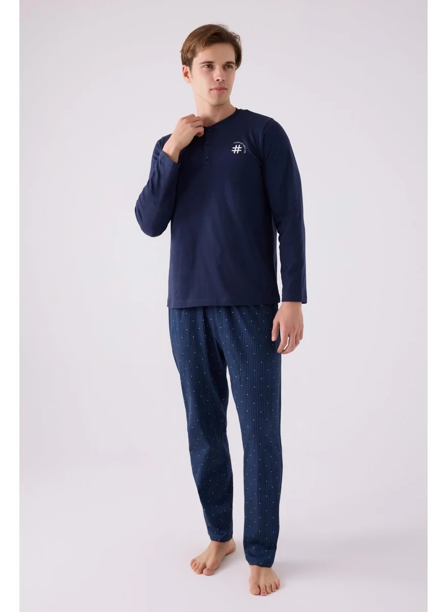 Arnetta Men's Navy Blue Button-down Collar Pajama Set, Cotton