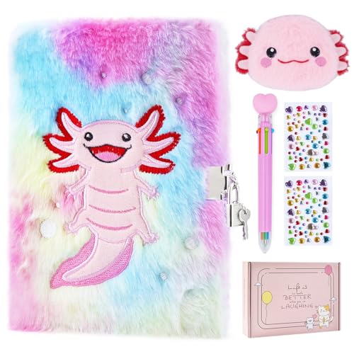 PJDRLLC Axolotl Diary with Lock, Gift for 8 9 10 Year Old Girl, Secret Diary Journal Notebook with Coin Purse, Multicolored Pen, Stickers, Practical Gift for Birthday Christmas - Image 1
