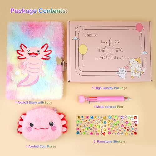 PJDRLLC Axolotl Diary with Lock, Gift for 8 9 10 Year Old Girl, Secret Diary Journal Notebook with Coin Purse, Multicolored Pen, Stickers, Practical Gift for Birthday Christmas - Image 4