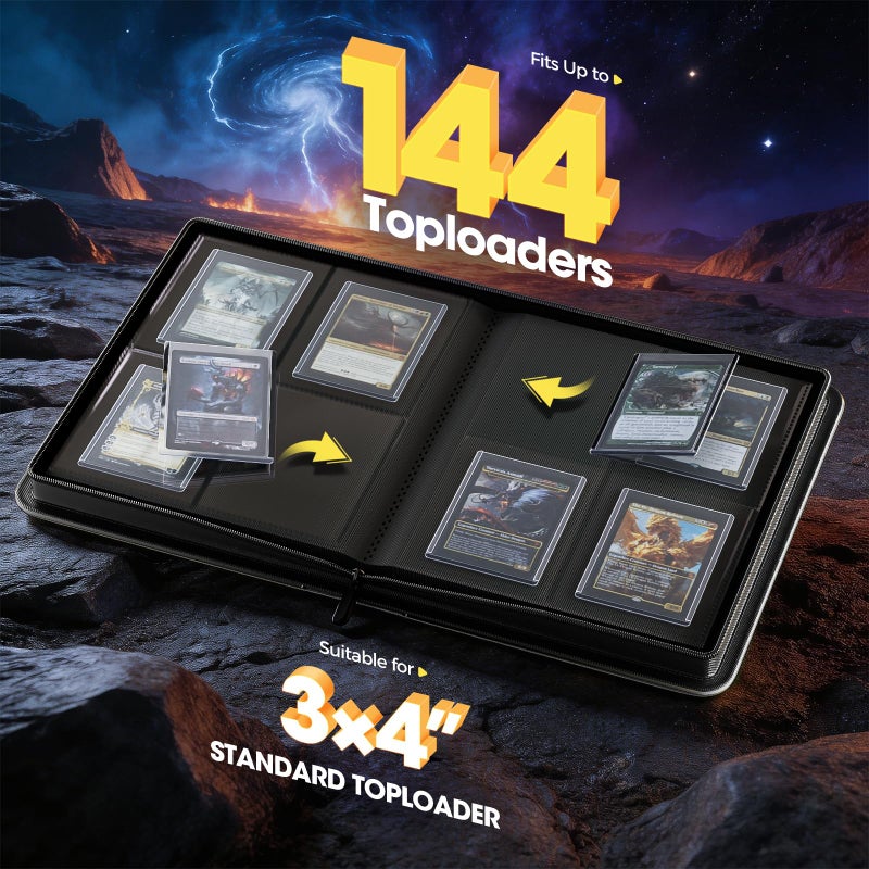 ProCase 4 Pocket Top Loader Binder, Holding 144 Cards in 3"x4" Toploaders, Side Loading Small Book Folder with Clear Window for Pokemon, Trading, Sports Cards Collection TCG, MTG -Black - Image 2