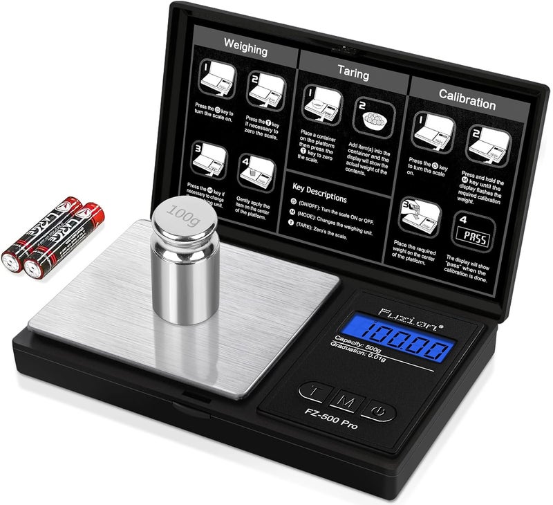 Fuzion Gram Scale, Digital Pocket Scale .01 Gram Accuracy, 500g Mini Jewelry Scale, Small Scale for Food, Herb, Spice, Coin - Weight Gram and Oz - 100g Calibration Weight - Image 1