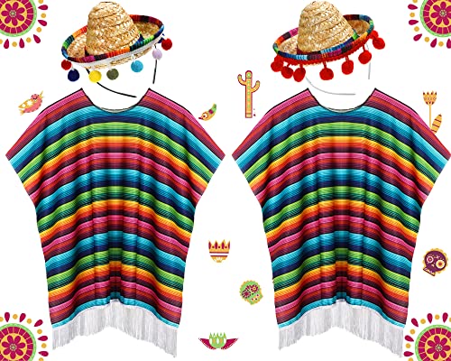 JaGely 4 Pcs Cinco De Mayo Mexican Fiesta Serape Poncho Fabric and Straw Sombrero Headbands Mexican Costume (Bright) - Image 1