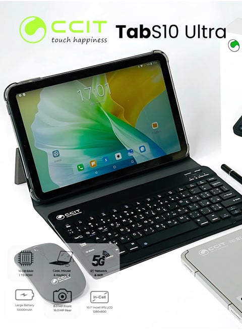 CCIT Tab S10 Ultra Android 13 Tablet, 10.1" IPS LCD Screen, 16-Core Processor, 16GB RAM, Dual SIM 5G, 8+16MP Camera, 10000mAh Battery, 1TB TF Connectable with Keyboard, Mouse, Stylus and Case (Black)