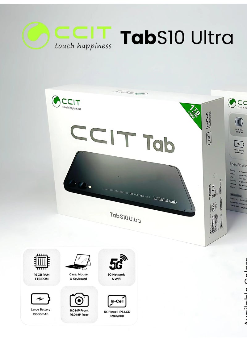 CCIT Tab S10 Ultra Android 13 Tablet, 10.1" IPS LCD Screen, 16-Core Processor, 16GB RAM, Dual SIM 5G, 8+16MP Camera, 10000mAh Battery, 1TB TF Connectable with Keyboard, Mouse, Stylus and Case (Black)