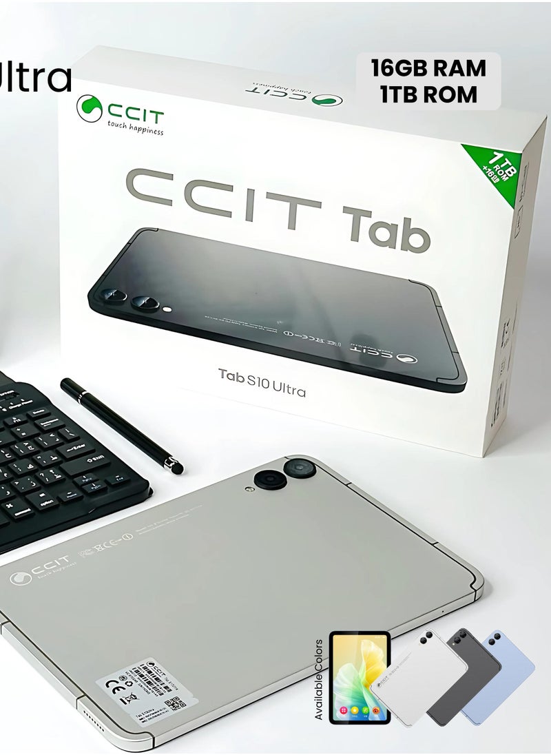 CCIT Tab S10 Ultra Android 13 Tablet, 10.1" IPS LCD Screen, 16-Core Processor, 16GB RAM, Dual SIM 5G, 8+16MP Camera, 10000mAh Battery, 1TB TF Connectable with Keyboard, Mouse, Stylus and Case (Black)