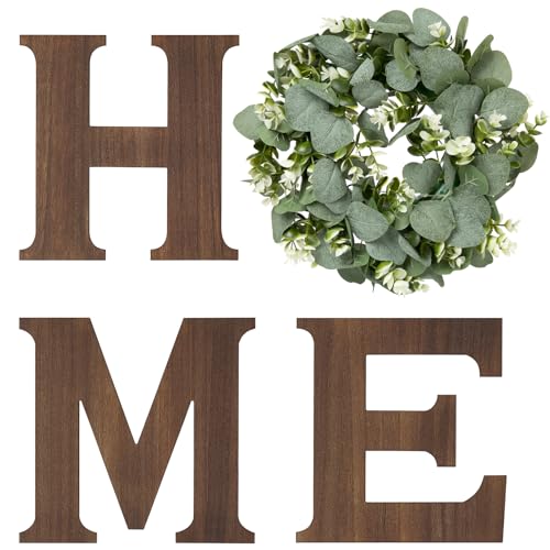 Mkono Farmhouse Wall Home Sign with Artificial Eucalyptus for O Rustic Wooden Hanging Letters Decorative Wall Art Decor for Living Room Kitchen Entryway Housewarming Gift Brown