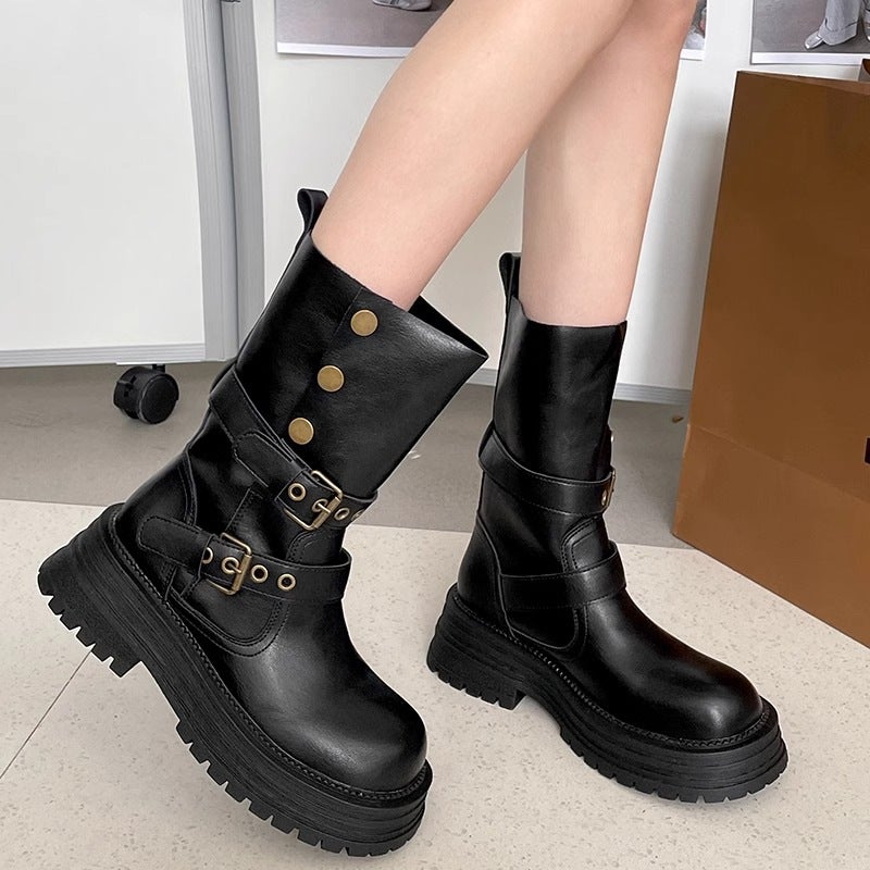 Brown Retro Chunky Heel Platform Martin Boots For Women, British Style Height-Increasing Mid-Calf High-Top Boots - Image 2