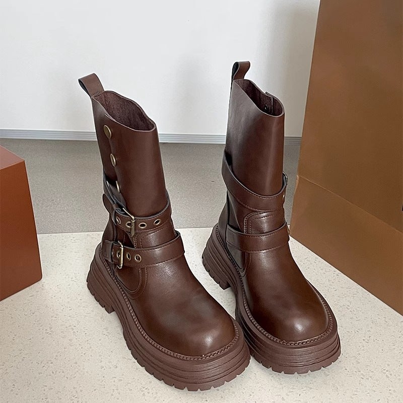 Brown Retro Chunky Heel Platform Martin Boots For Women, British Style Height-Increasing Mid-Calf High-Top Boots - Image 1