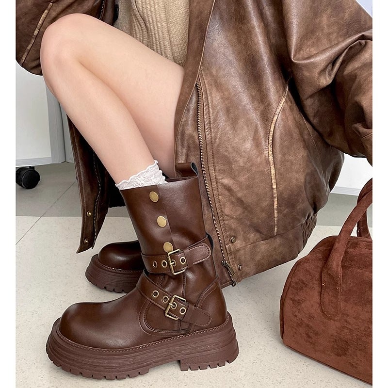 Brown Retro Chunky Heel Platform Martin Boots For Women, British Style Height-Increasing Mid-Calf High-Top Boots - Image 4
