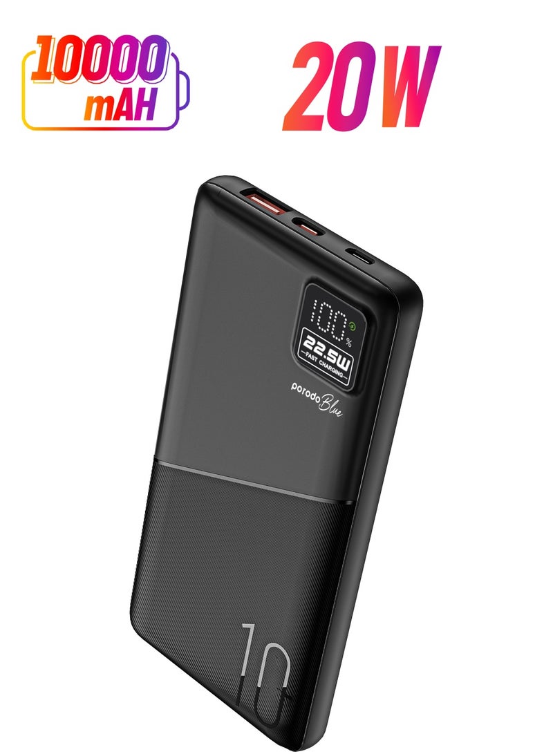 porodo Power Bank 10000mAh, Portable Charger Fast Charging 22.5W QC Slim Power Bank, Mobile Phone PD 20W Wired Charging LED Display, Travel Battery Pack Compatible with iPhone 17, iPad, Google, Tablet - Image 1