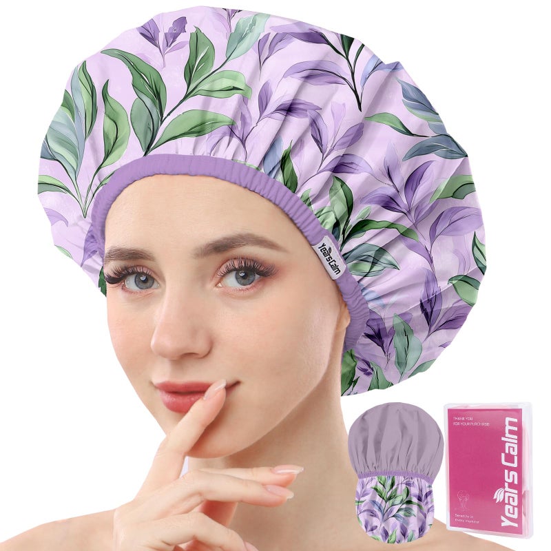 Years calm Shower Caps for Women Reusable Waterproof â€“ Double Layer Elastic Cap with Tropical Botanical Print Shower Cap for Shower, Spa, Travel, Bath & Daily Hair Protection - Image 1