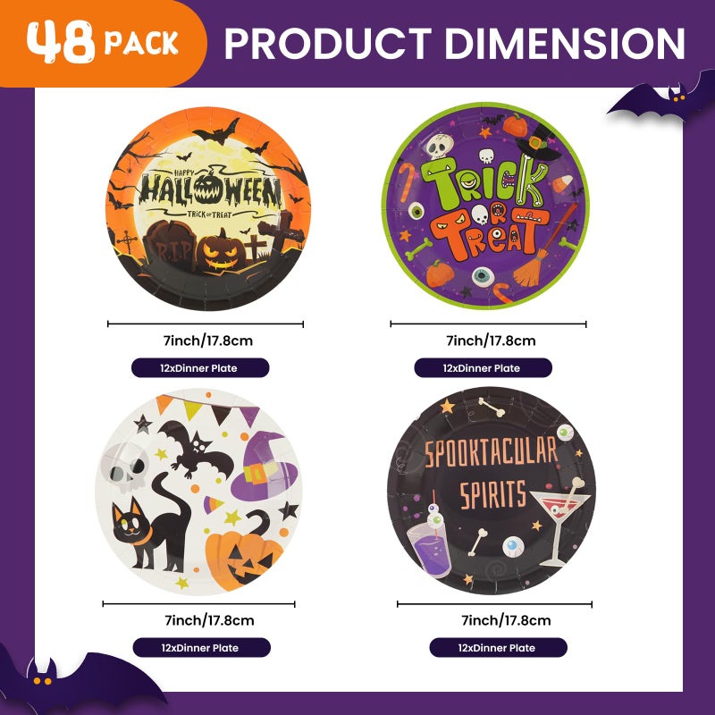 KFJBPB 48 Pack Halloween Paper Plates 7 inch  Halloween Party Plates Ghost Cat Pumpkin Disposable Plates Cake Plate Dessert Plates Dinner Plates for Birthday Halloween Party Supplies (Halloween) - Image 2