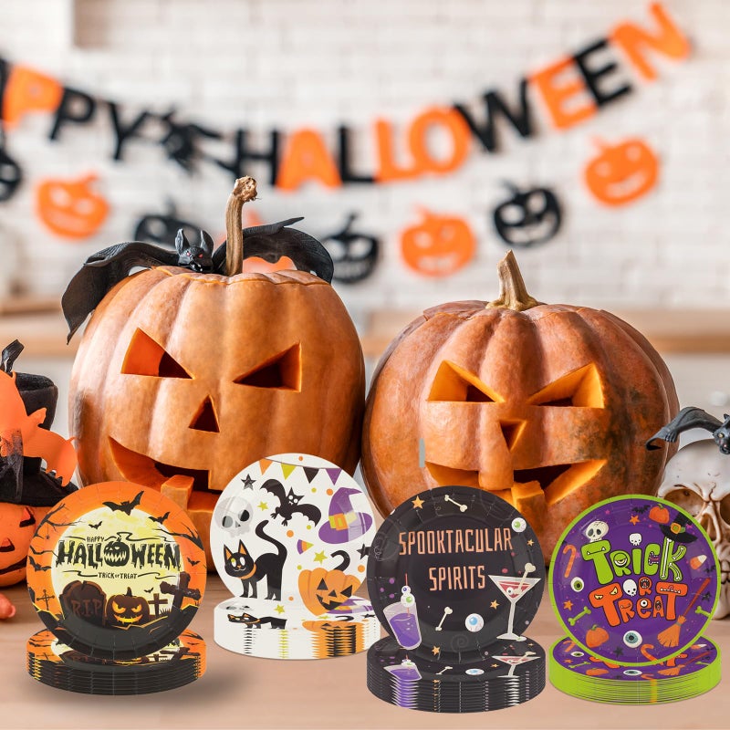 KFJBPB 48 Pack Halloween Paper Plates 7 inch  Halloween Party Plates Ghost Cat Pumpkin Disposable Plates Cake Plate Dessert Plates Dinner Plates for Birthday Halloween Party Supplies (Halloween) - Image 4