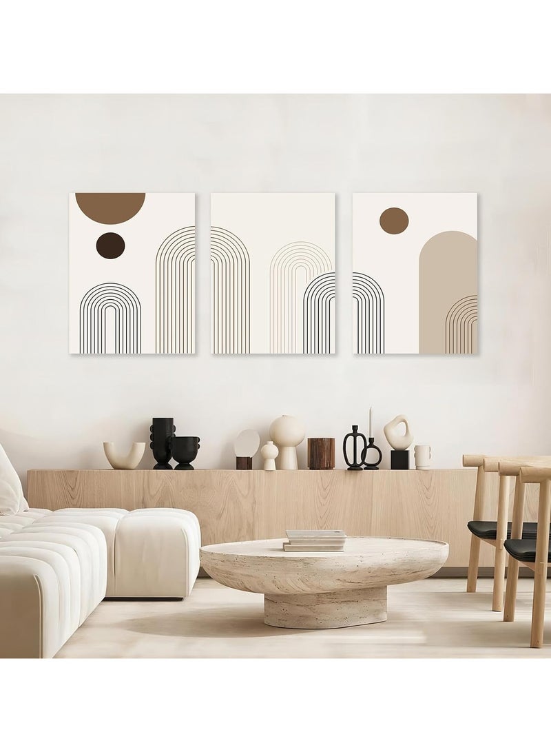 RATSAW Set Of 3 Framed Canvas Wall Arts Stretched Over Wooden Frame with a Bohemian Art Design Framed Canvas for Living Room, Minimalist Neutral Beige Brown Geometry Artwork Paintings, Room Decor Ready To Hang  - Image 1