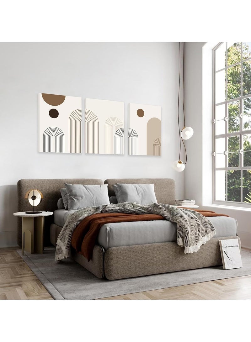 RATSAW Set Of 3 Framed Canvas Wall Arts Stretched Over Wooden Frame with a Bohemian Art Design Framed Canvas for Living Room, Minimalist Neutral Beige Brown Geometry Artwork Paintings, Room Decor Ready To Hang  - Image 3