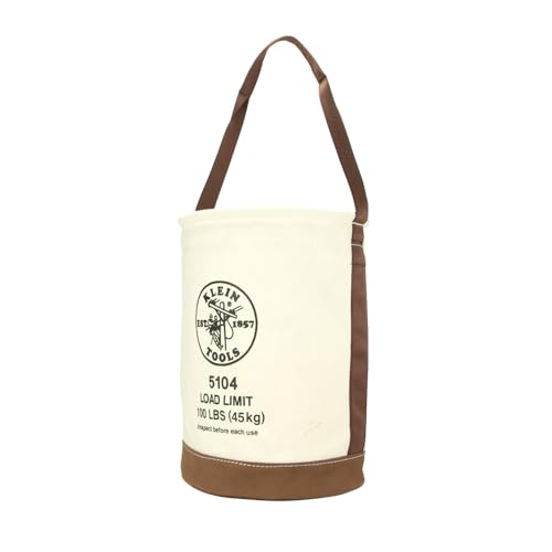 Klein Tools 5104 Canvas Bucket with Leather Bottom 12Inch Diameter 1 Pocket 100Pound Load Rated Utility Bucket Natural - Image 1