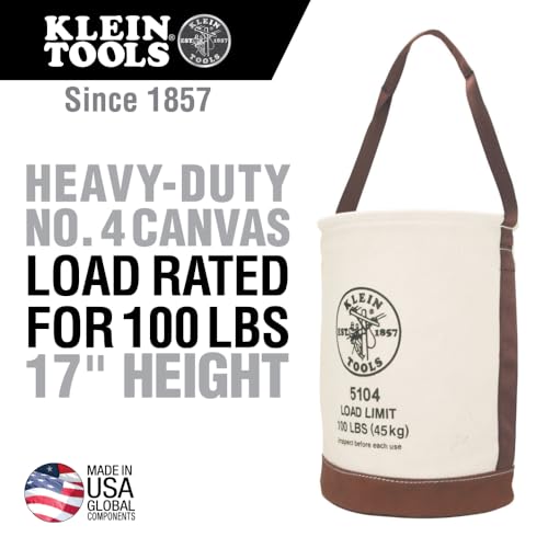 Klein Tools 5104 Canvas Bucket with Leather Bottom 12Inch Diameter 1 Pocket 100Pound Load Rated Utility Bucket Natural - Image 3