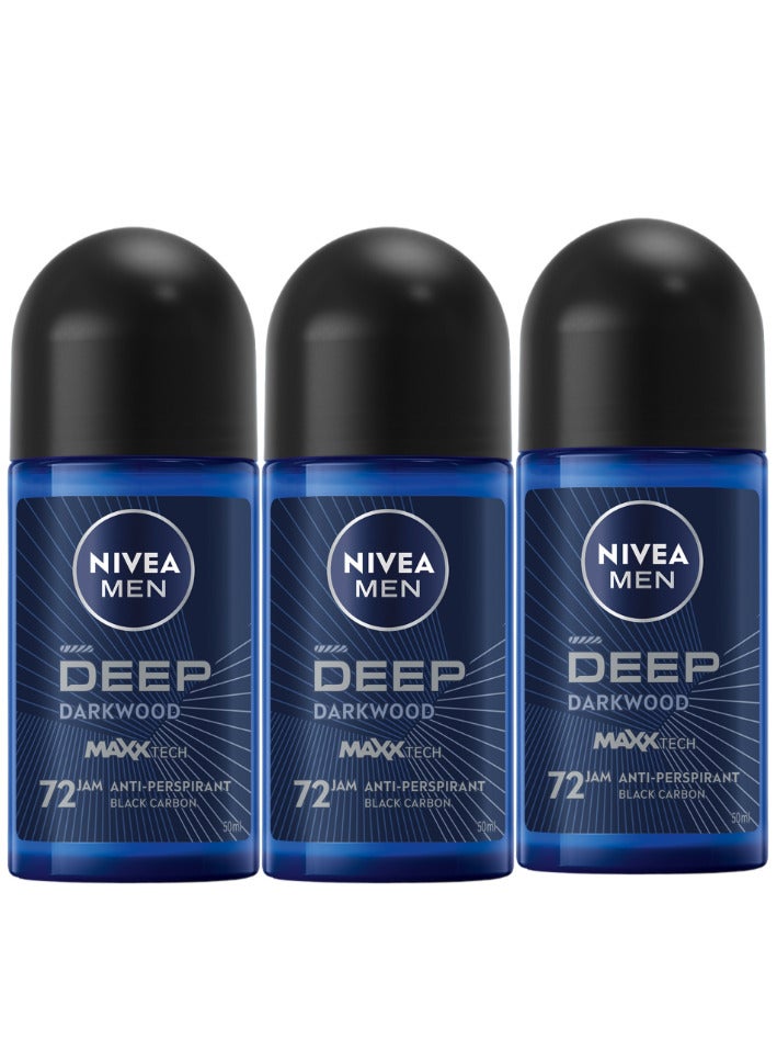 Nivea Pack Of 3 NIVEA MEN Antiperspirant Roll on for Men DEEP Black Carbon Antibacterial Dark Wood Scent 50ml - Image 1