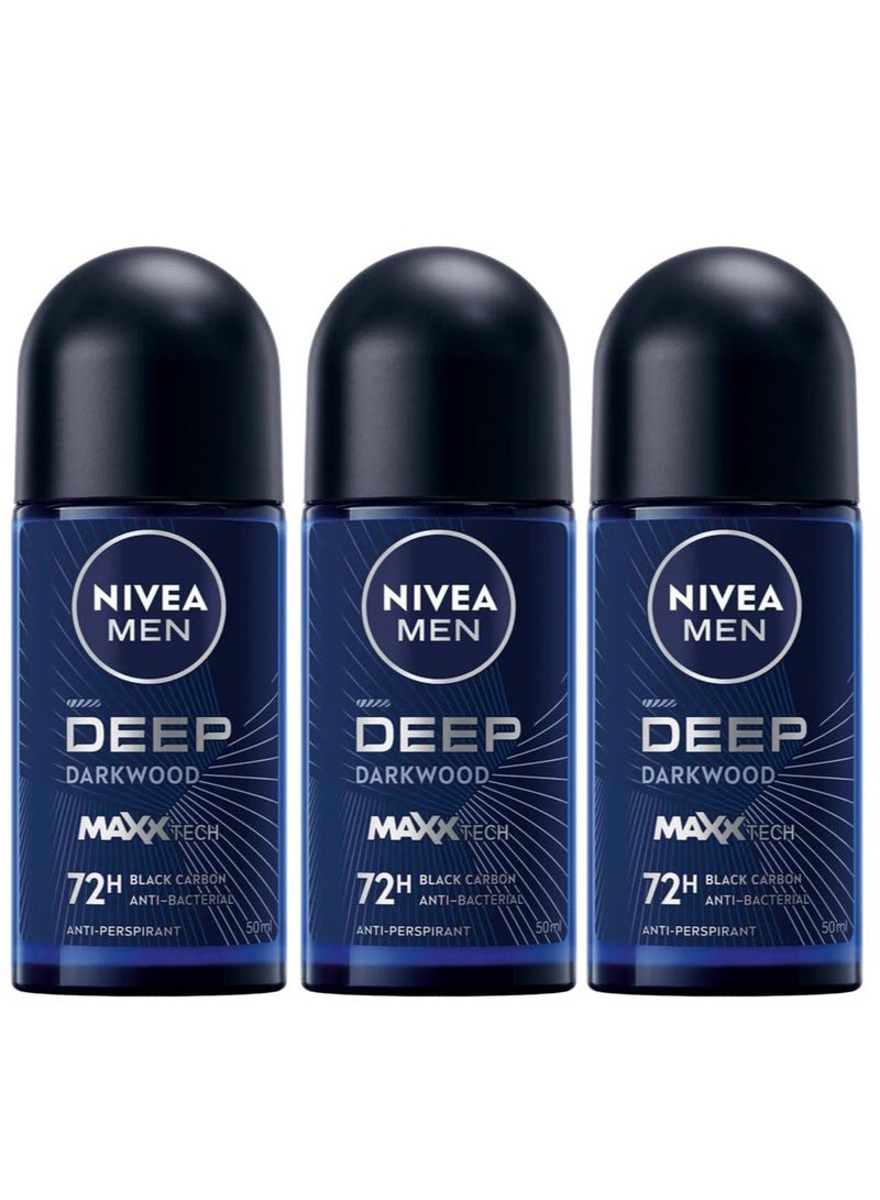 Nivea Pack Of 3 NIVEA MEN Antiperspirant Roll on for Men DEEP Black Carbon Antibacterial Dark Wood Scent 50ml - Image 3