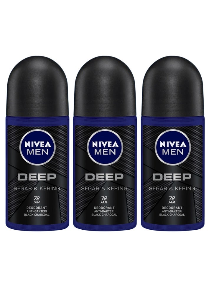Nivea Pack Of 3 NIVEA MEN Antiperspirant Roll on for Men DEEP Black Carbon Antibacterial Dark Wood Scent 50ml - Image 5
