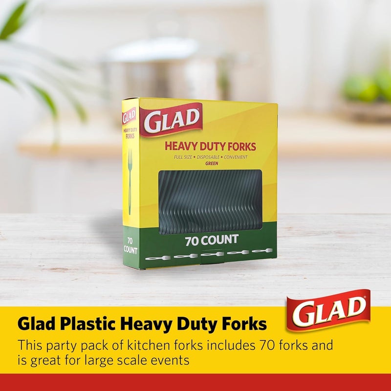 Glad Plastic Heavy Duty Forks  70ct Green Cutlery Forks | Green Forks| Set of Heavy Duty Disposable Party Utensils and Sturdy Cutlery - 70 Count - 12 Pack - Image 1
