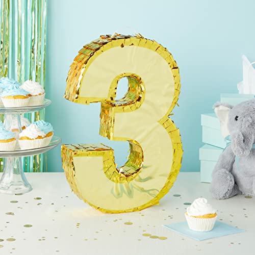 Juvale Gold Foil Number 3 Pinata Spacious Candy Toy Holder Birthday Pinata Hangable Party Decor 111 x 29 x 161 in Paper Gold - Image 5