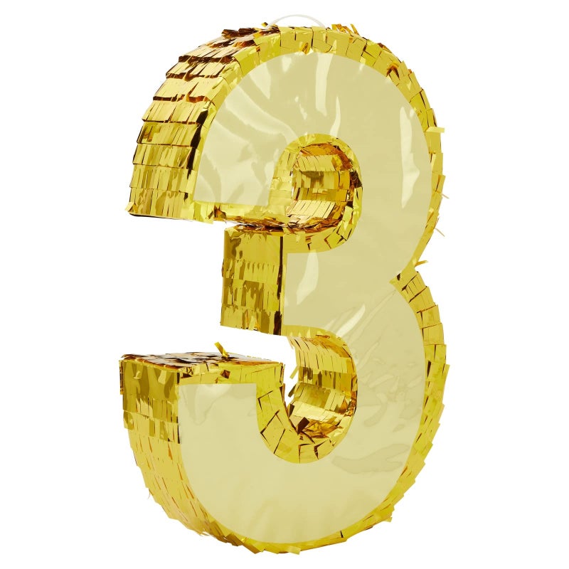 Juvale Gold Foil Number 3 Pinata Spacious Candy Toy Holder Birthday Pinata Hangable Party Decor 111 x 29 x 161 in Paper Gold - Image 2