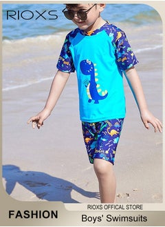 RIOXS Boys Rash Guard Swimsuits Set, Watersports Clothing For Toddlers Kids Boys, Dinosaur Rash Guard Swimwear, Comfy Top And Shorts With Swimming Goggles, Bathing Cap And Earplugs  - Image 1