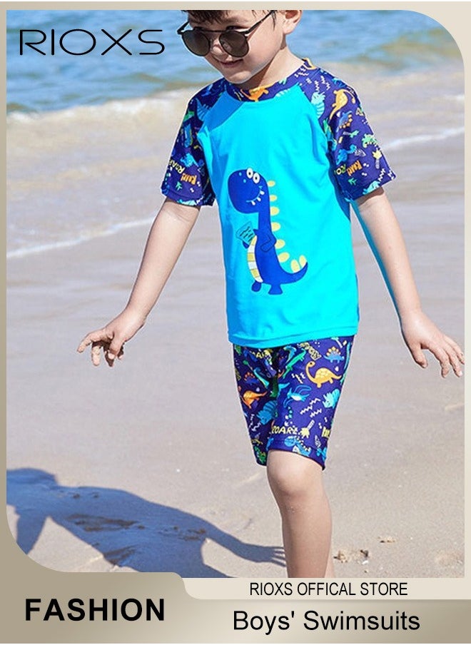 RIOXS Boys Rash Guard Swimsuits Set, Watersports Clothing For Toddlers Kids Boys, Dinosaur Rash Guard Swimwear, Comfy Top And Shorts With Swimming Goggles, Bathing Cap And Earplugs  - Image 1