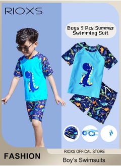 RIOXS Boys Rash Guard Swimsuits Set, Watersports Clothing For Toddlers Kids Boys, Dinosaur Rash Guard Swimwear, Comfy Top And Shorts With Swimming Goggles, Bathing Cap And Earplugs  - Image 2