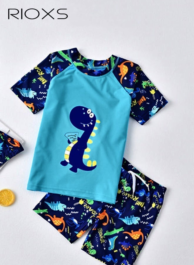 RIOXS Boys Rash Guard Swimsuits Set, Watersports Clothing For Toddlers Kids Boys, Dinosaur Rash Guard Swimwear, Comfy Top And Shorts With Swimming Goggles, Bathing Cap And Earplugs, Blue - Image 3