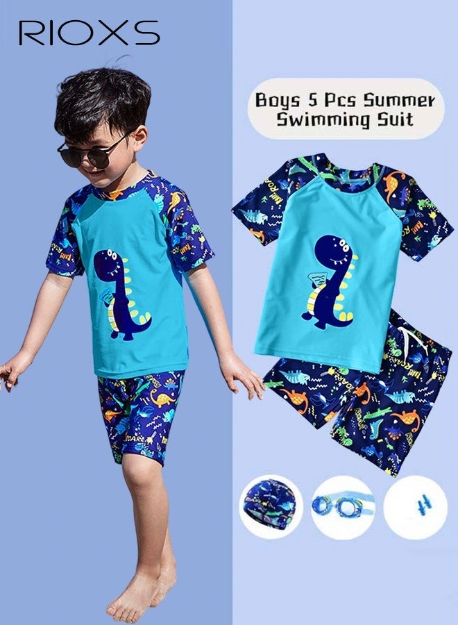 RIOXS Boys Rash Guard Swimsuits Set, Watersports Clothing For Toddlers Kids Boys, Dinosaur Rash Guard Swimwear, Comfy Top And Shorts With Swimming Goggles, Bathing Cap And Earplugs, Blue - Image 1