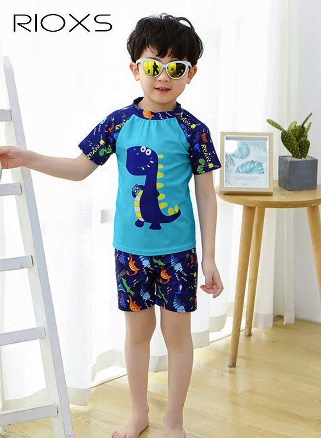 RIOXS Boys Rash Guard Swimsuits Set, Watersports Clothing For Toddlers Kids Boys, Dinosaur Rash Guard Swimwear, Comfy Top And Shorts With Swimming Goggles, Bathing Cap And Earplugs, Blue - Image 2