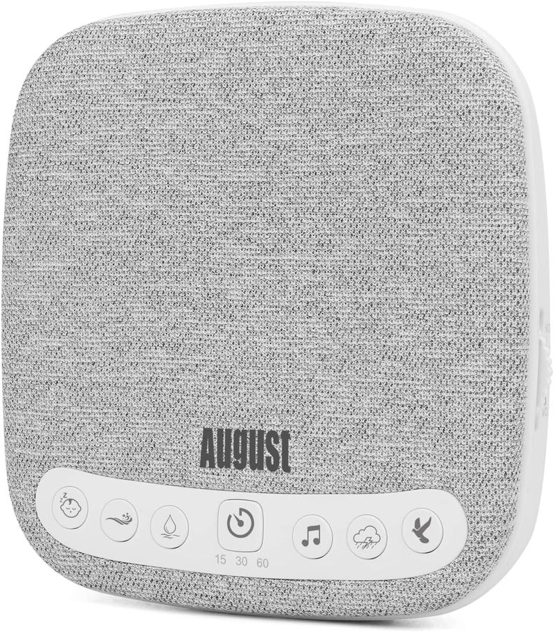 Portable White Noise Sound Machine - August SE160 - Calming, Ambient Sleep Therapy - 14 Soothing Sounds for Babies, Children, Adults - Sleep Aid with Timer - 60-Hour Battery - USB-C Charging - White