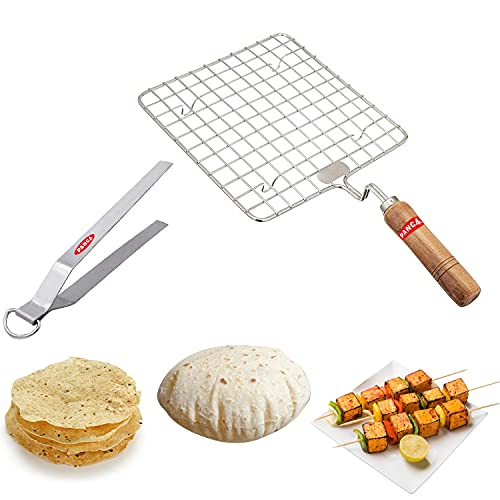 Panca Premium Papad Jali with Tong,Paneer Grill,Roti Maker,Barbeque Jali Roaster Chapati Toast Grill Wooden Handle Vegetable Tandoor Net & Chimta,Baigan Bharta,Masala Papad Maker - 0.5 L,22 Cm,Silver - Image 5