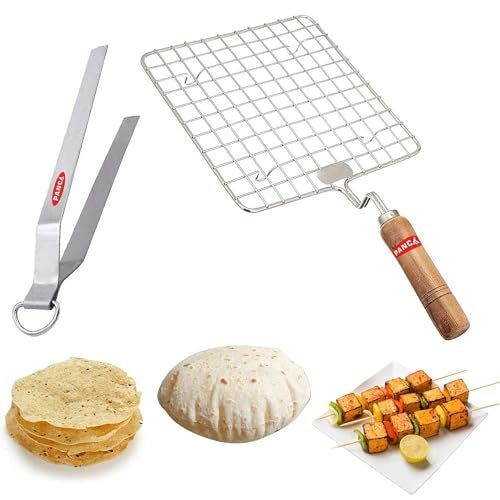 Panca Premium Papad Jali with Tong,Paneer Grill,Roti Maker,Barbeque Jali Roaster Chapati Toast Grill Wooden Handle Vegetable Tandoor Net & Chimta,Baigan Bharta,Masala Papad Maker - 0.5 L,22 Cm,Silver - Image 1