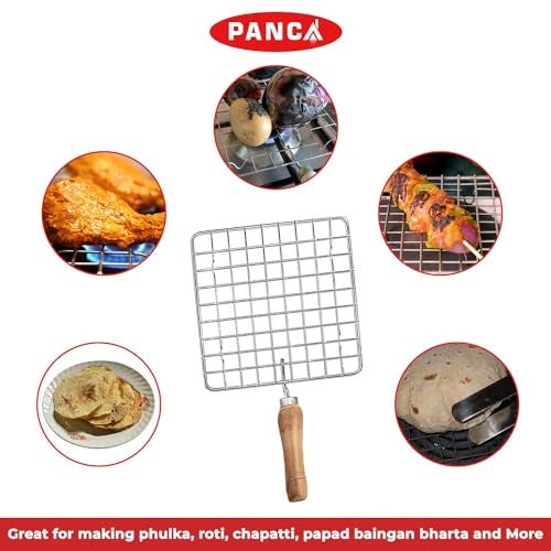Panca Premium Papad Jali with Tong,Paneer Grill,Roti Maker,Barbeque Jali Roaster Chapati Toast Grill Wooden Handle Vegetable Tandoor Net & Chimta,Baigan Bharta,Masala Papad Maker - 0.5 L,22 Cm,Silver - Image 2