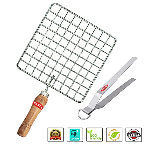 Panca Premium Papad Jali with Tong,Paneer Grill,Roti Maker,Barbeque Jali Roaster Chapati Toast Grill Wooden Handle Vegetable Tandoor Net & Chimta,Baigan Bharta,Masala Papad Maker - 0.5 L,22 Cm,Silver - Image 4