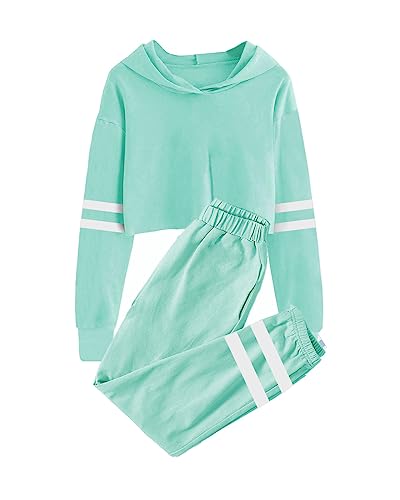 Meikulo Girls Hoodies Long Sleeve Crop Tops Sweatshirts Jogger Sweatpants Kids Athletic Sweatsuit Tracksuit Activewear 2 Piece Cute Striped Sport Outfits Light Green, 13-14 Years - Image 5