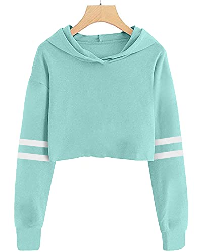 Meikulo Girls Hoodies Long Sleeve Crop Tops Sweatshirts Jogger Sweatpants Kids Athletic Sweatsuit Tracksuit Activewear 2 Piece Cute Striped Sport Outfits Light Green, 13-14 Years - Image 2