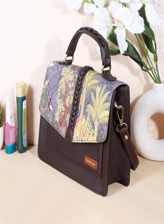 Fatfatiya Tropical Garden Print Satchel Bag - Vegan Leather Structured Handbag with Detachable Sling Strap for Office, College & Travel - Image 3