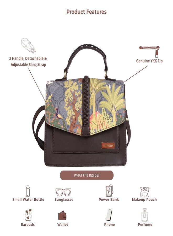 Fatfatiya Tropical Garden Print Satchel Bag - Vegan Leather Structured Handbag with Detachable Sling Strap for Office, College & Travel - Image 5